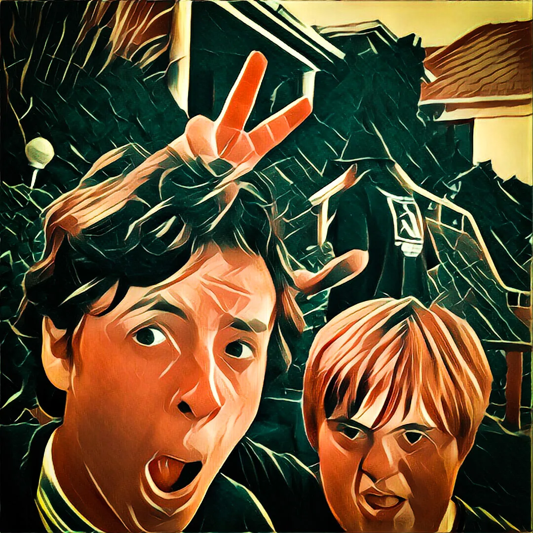 Illustrated portrait of two boys pulling faces