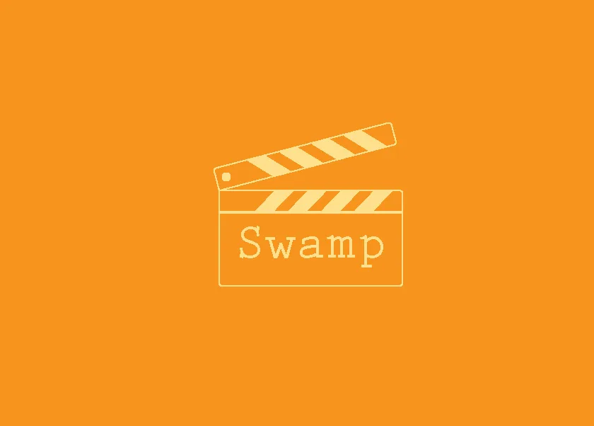 Swamp logo stacked under a film clapperboard on orange