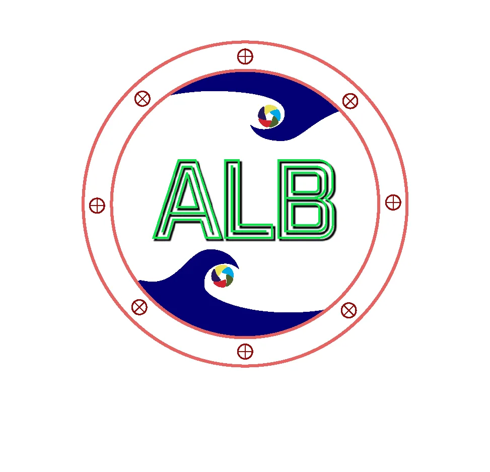 ALB porthole logo in colour, green letters and navy waves
