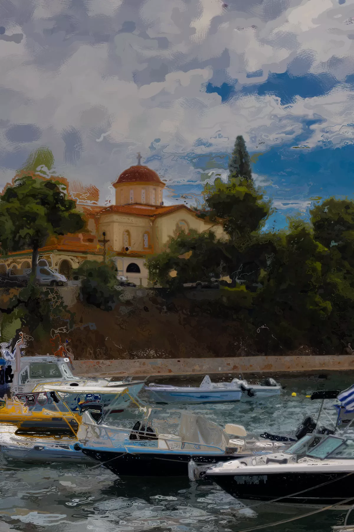 Painted-effect view of a church above a harbour full of boats, Greece