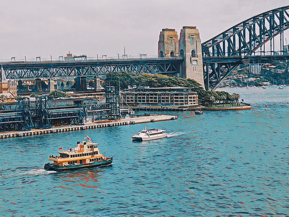 Painted-effect Sydney Harbour with a ferry and the Harbour Bridge
