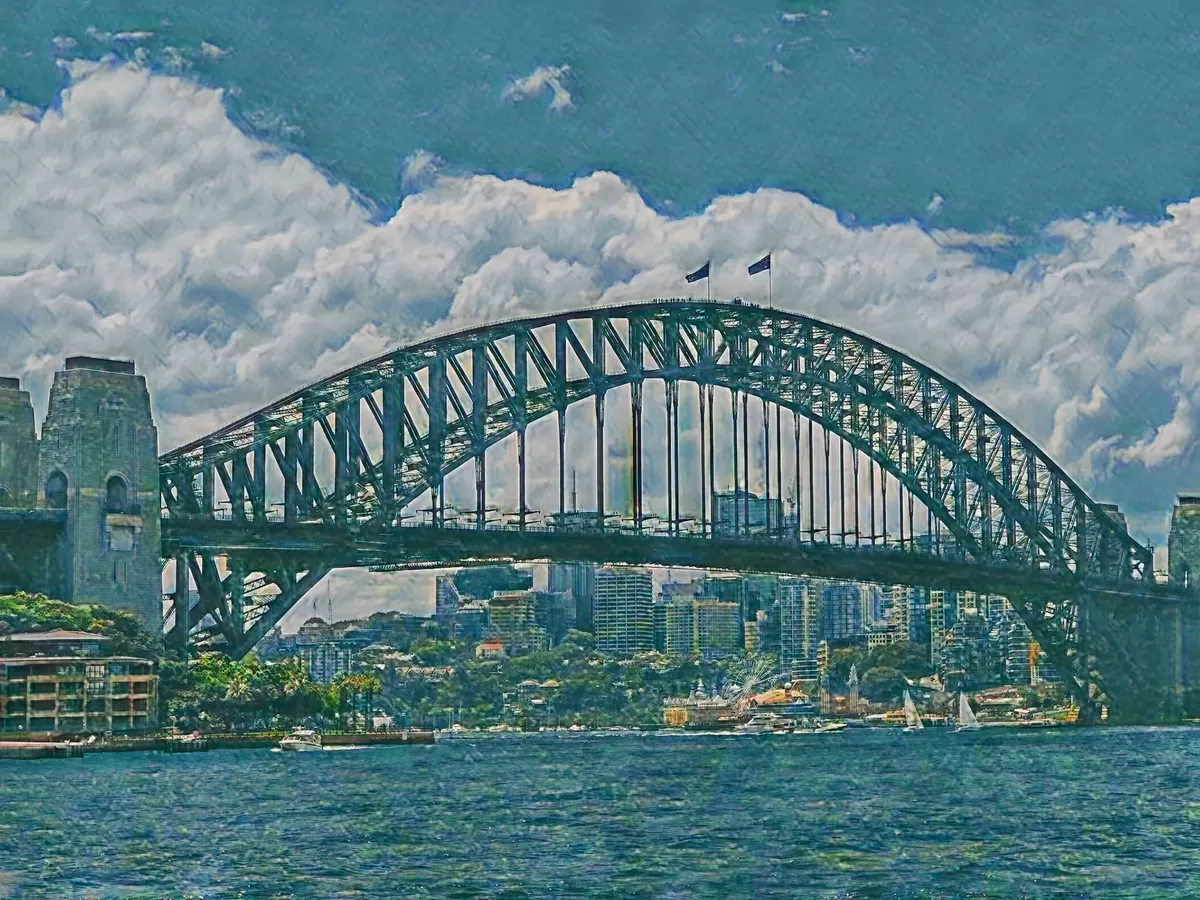 Painted-effect Sydney Harbour Bridge under clouds