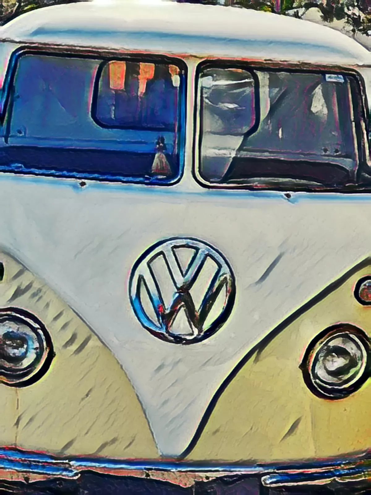Front of a vintage Volkswagen van in an illustrated style