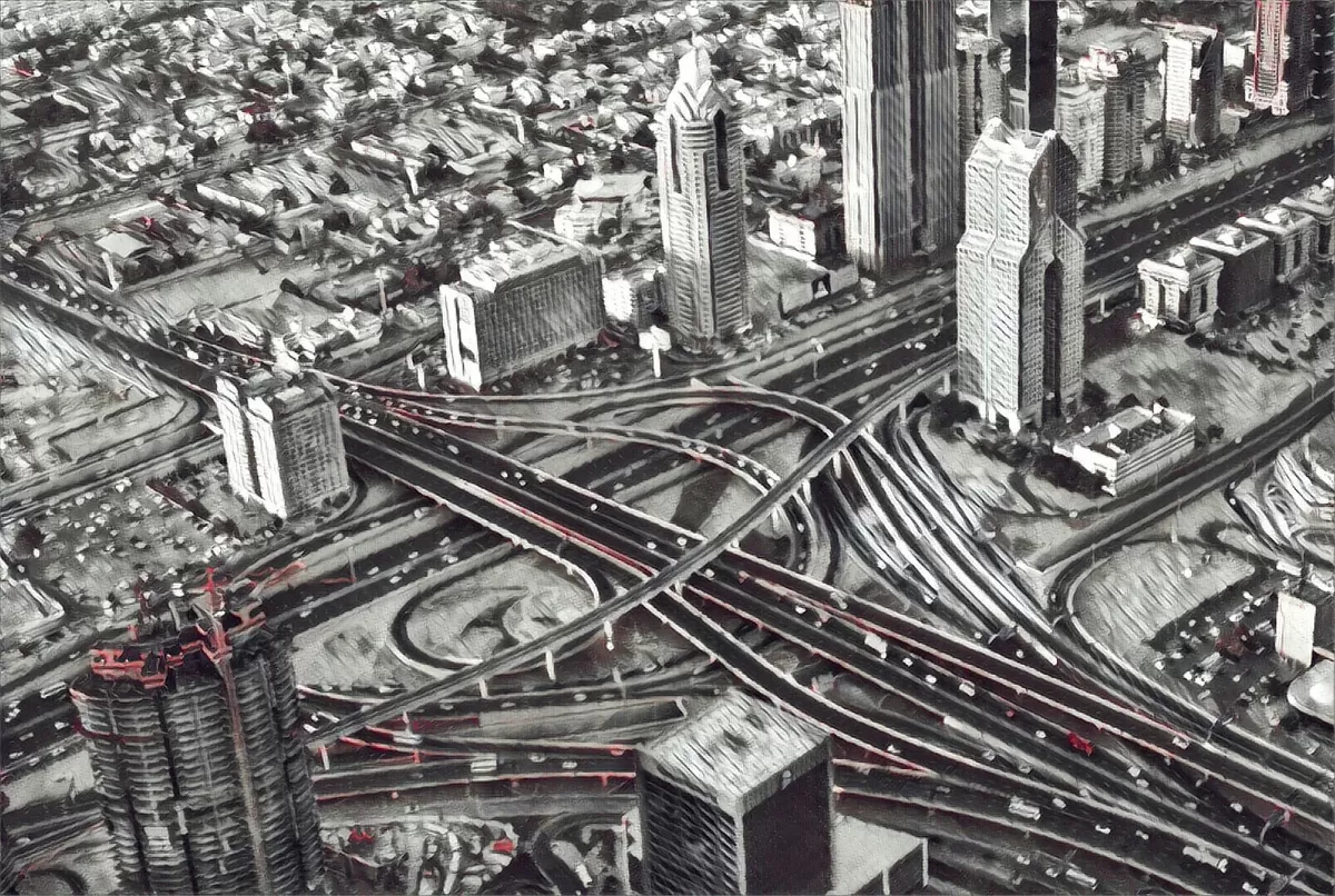 Black and white aerial view of a city freeway interchange