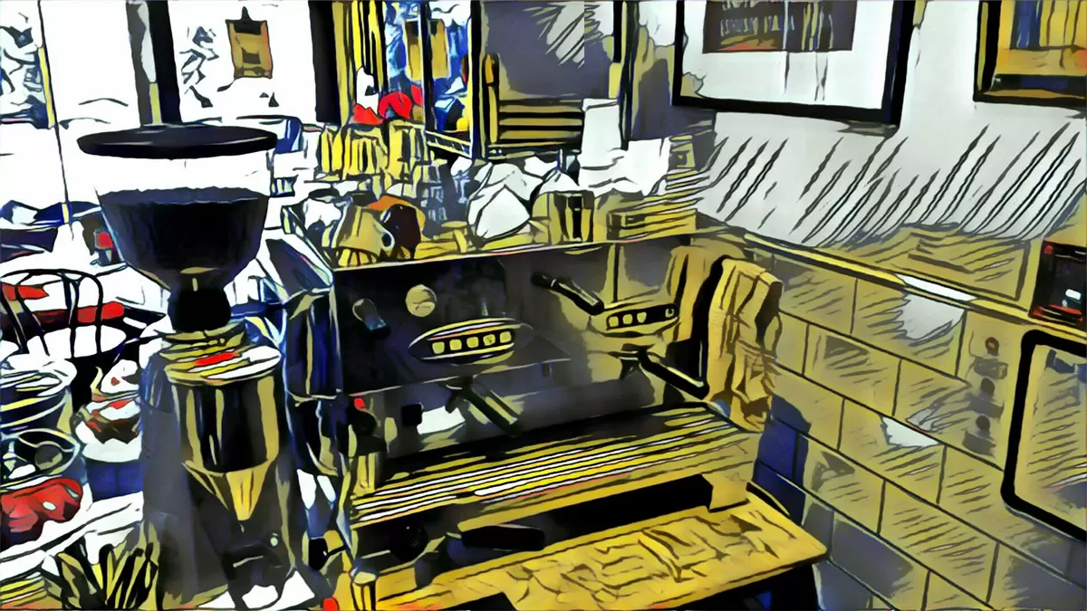 Illustrated cafe counter with a coffee machine