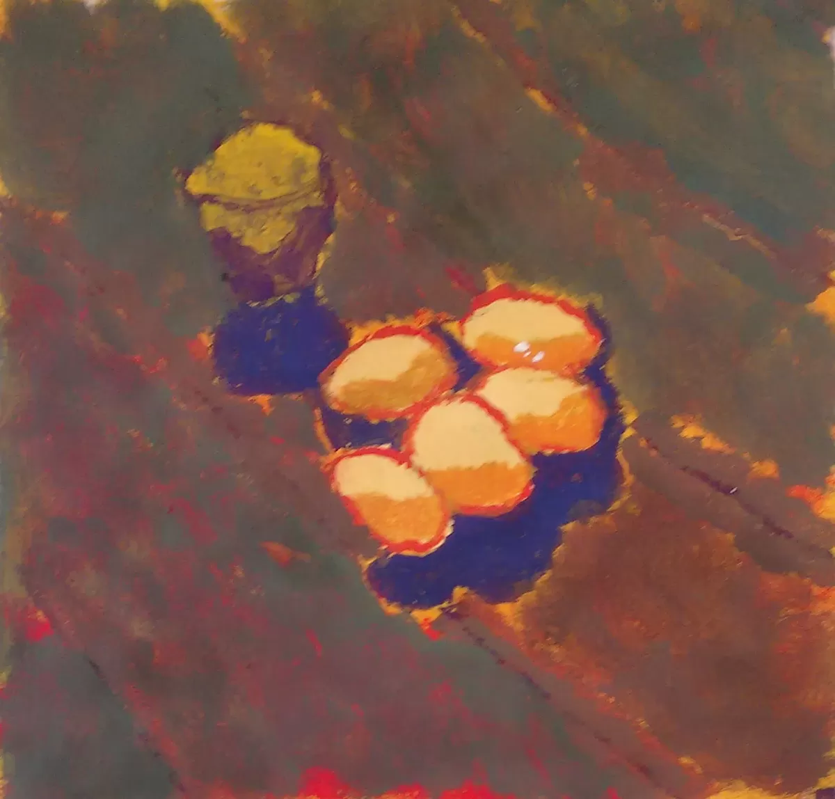 Painting of eggs and a small bowl on a red-brown surface