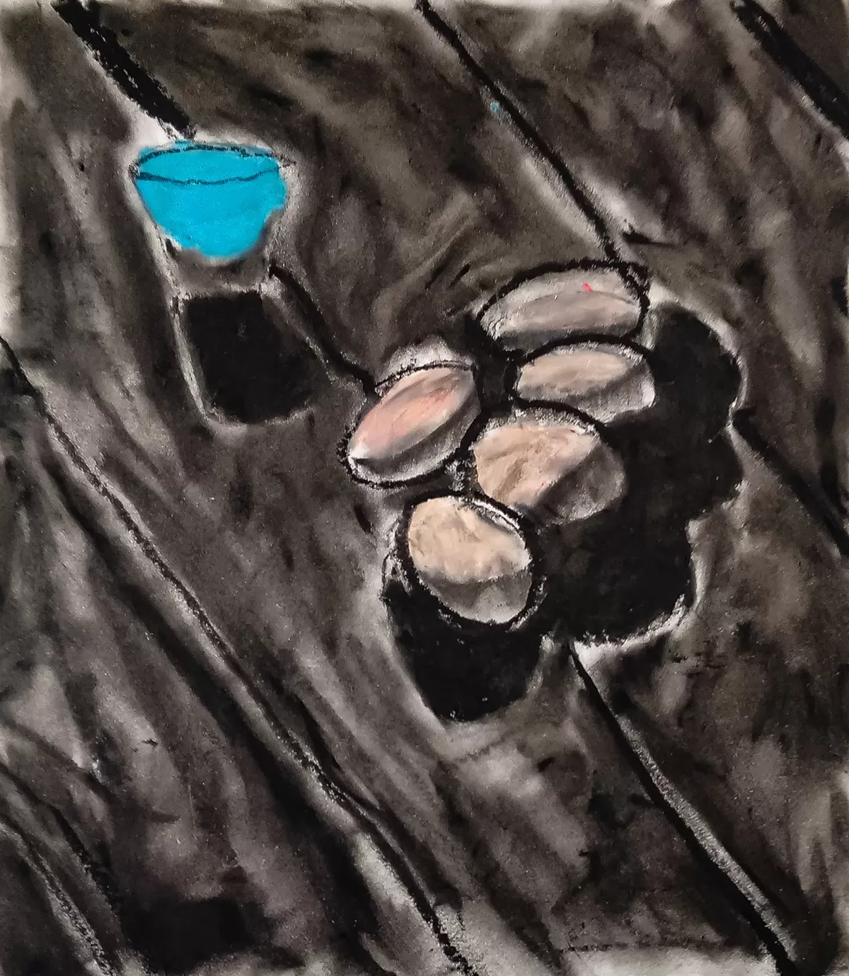 Charcoal drawing of eggs and a blue bowl